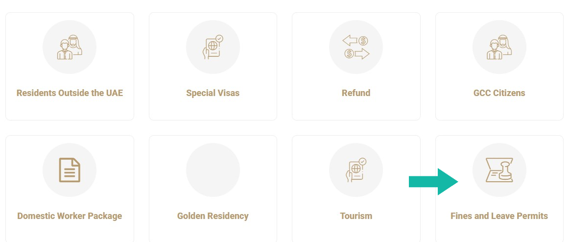 Selecting the fines and leave permits category on the smart portal to verify UAE Visa Fine Check details and overstay penalties